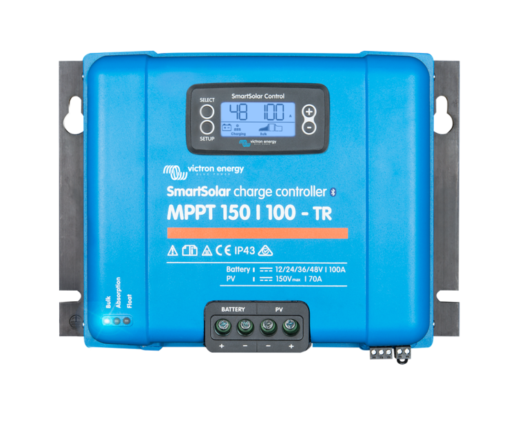 Victron SmartSolar MPPT charge controllers in various models, showcasing efficient solar energy management for off-grid systems.