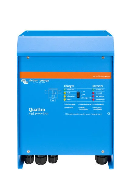 Victron inverter and battery connection in off-grid cabinet.