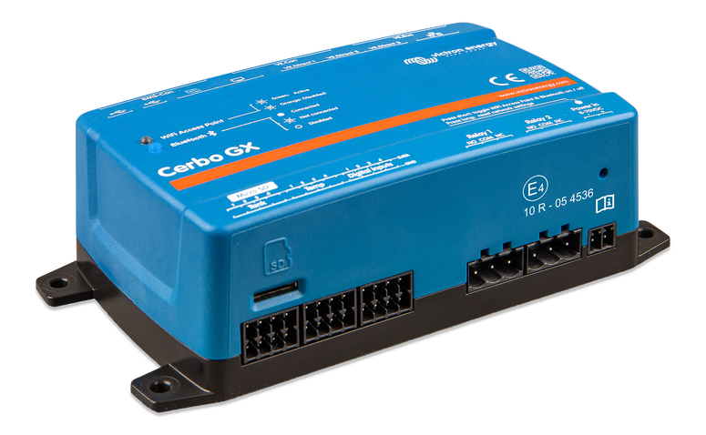 Victron Energy accessories including Lynx Power In 1000, Cerbo GX, battery monitor, and connectors for off-grid solar systems.