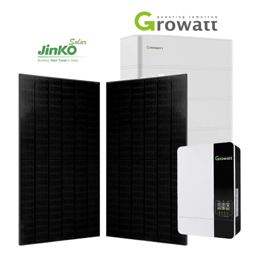 Growatt Off Grid Combo featuring Jinko Solar panels, Growatt inverter, and solar battery, designed for off-grid energy solutions.