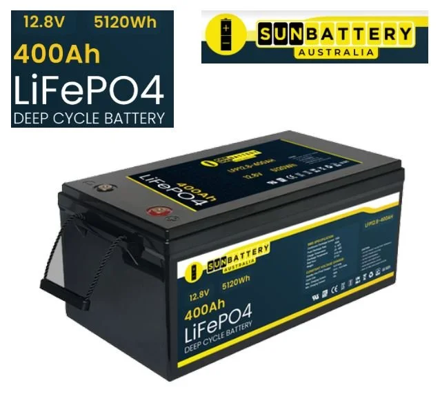 Sun Battery 12V 400Ah LiFePO4 deep cycle battery with specifications on the label, designed for off-grid energy storage solutions.
