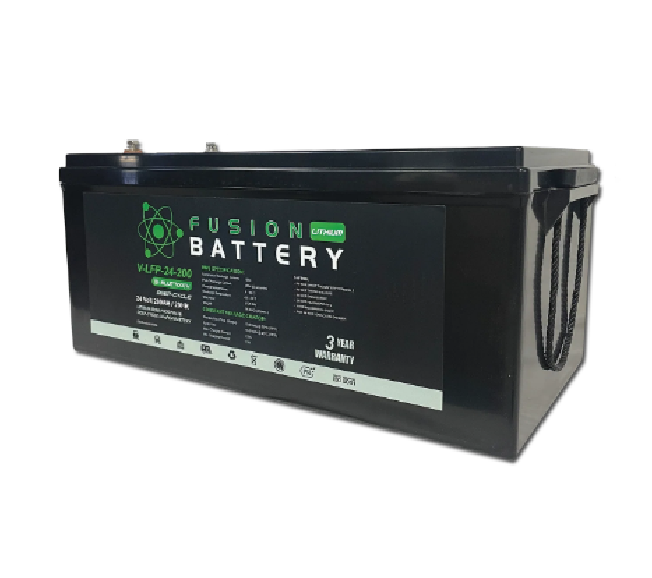 Fusion 24V 200Ah LiFePO4 battery by Solar Battery Warehouse, showcasing high-performance features, maintenance-free design, and a 3-year warranty.