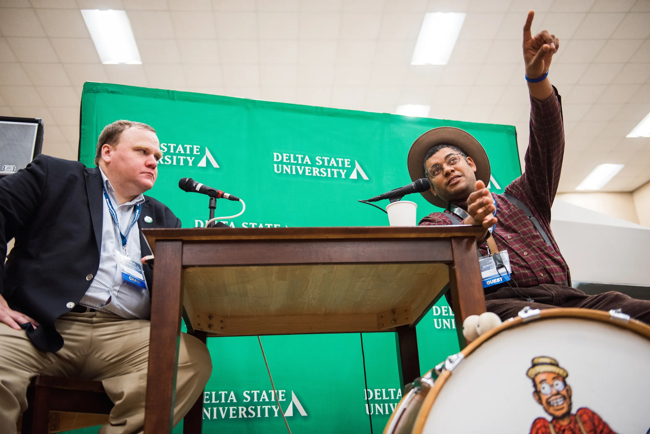 GRAMMY winner Dom Flemons (right) and Don Allan Mitchell, co-chair of the International Conference on the Blues, during one of the conference sessions on Monday. Flemons is the “American Songster,” pulling from traditions of old-time folk music to create new sounds. Having performed music professionally since 2005, he has played live for over one million people within the past three years. As part of the Carolina Chocolate Drops, which he co-founded with Rhiannon Giddens and Justin Robinson, he has played at a variety of festivals, spanning from the Newport Folk Festival to Bonnaroo, in addition to renowned venues such as the Grand Ole Opry. The International Conference on the Blues continues Tuesday. For more information, visit www.deltastate.edu/blues. Photos by Rory Doyle.