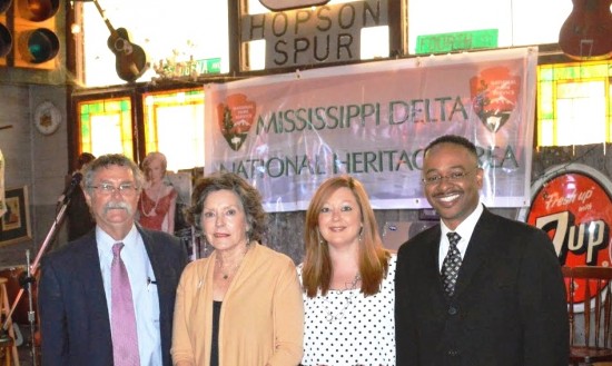 During the celebration of the Mississippi Delta National Heritage Area designation, Dr. Rolando Herts (far right), director of the Delta Center for Culture and Learning, is welcomed by (l to r) Dr. Luther Brown, former director; Lee Aylward, DCCL pr…