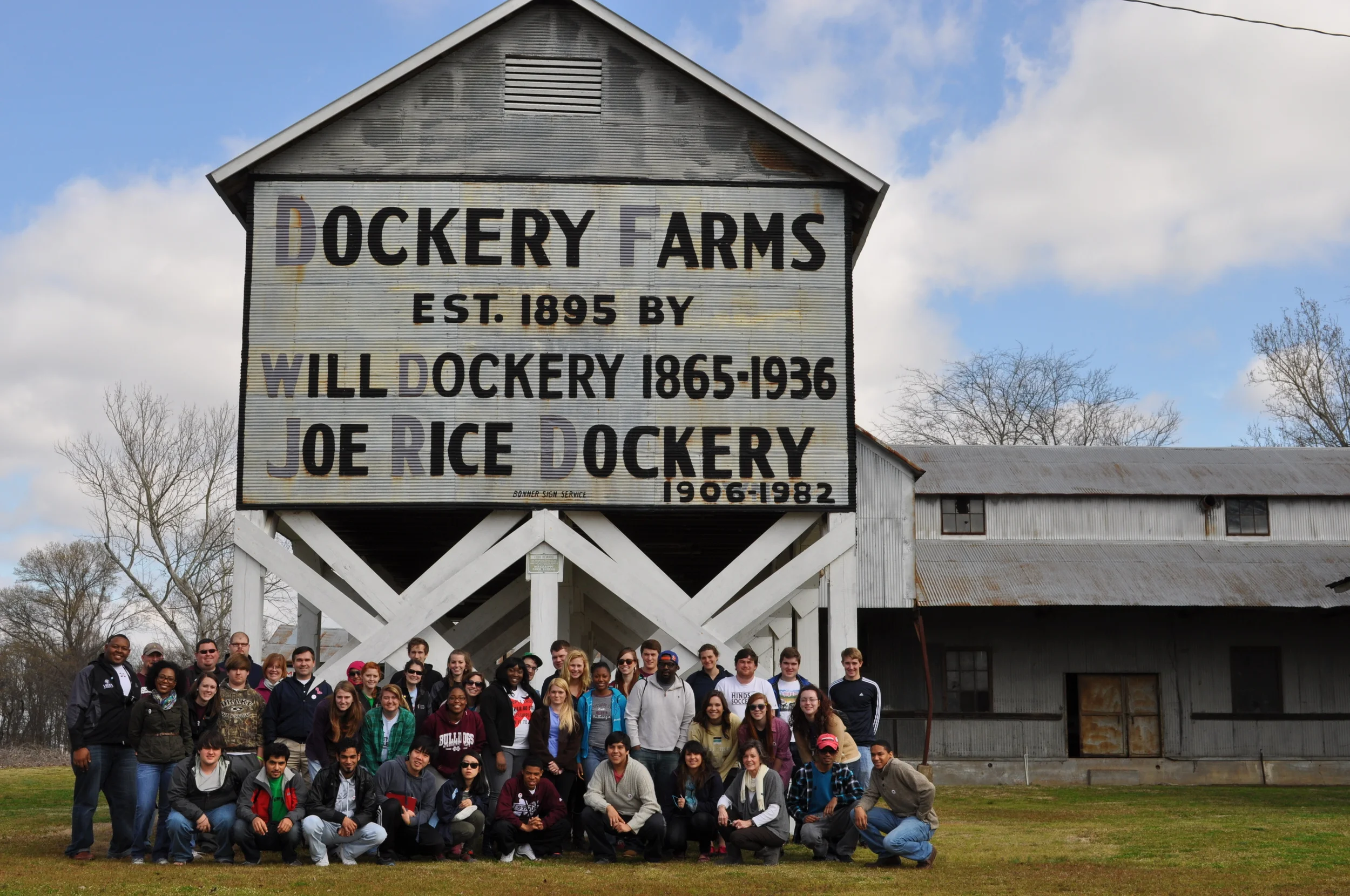 PHOTO: The combined classes from Mississippi State University and the University of Mississippi at Dockery Farms. Photo by Cade Smith, Student Leadership and Community Engagement Director at Mississippi State University.