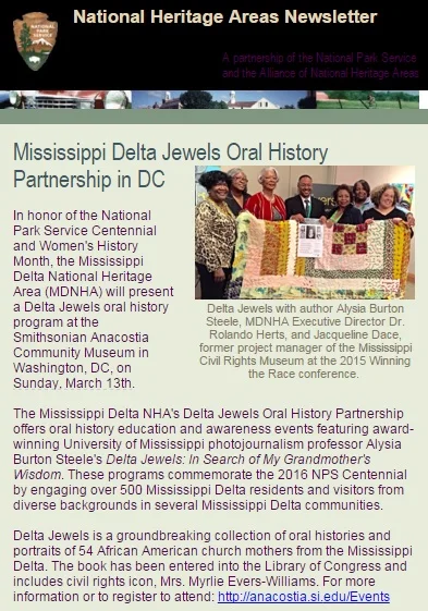 The Mississippi Delta National Heritage Area's Delta Jewels Oral History Partnership Program at Smithsonian Anacostia Community Museum featured in the Spring 2016 National Heritage Areas Newsletter.