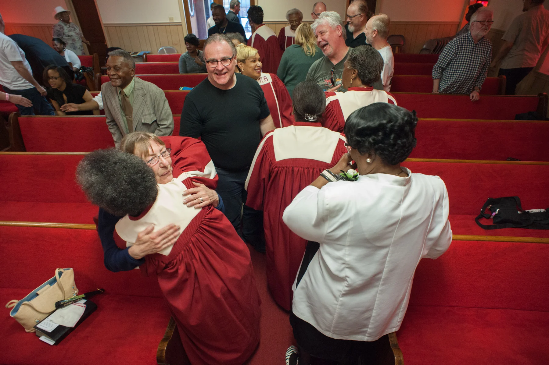 Congregation members greet the group during the service at New Bethel Missionary Baptist Church in Clarksdale.