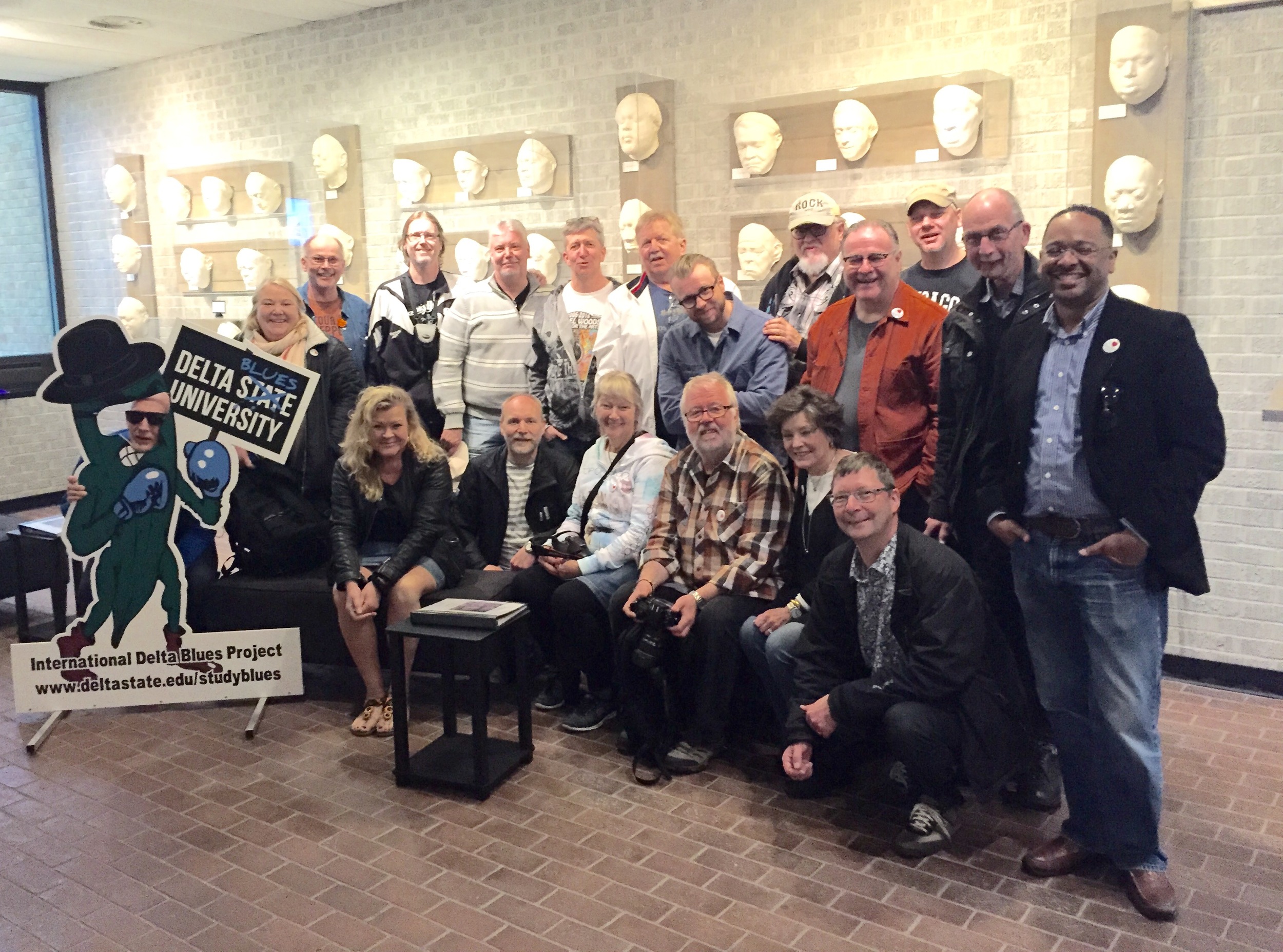  The Swedish music enthusiasts gather for a group photo with the Delta State Blues Okra after viewing the Cast of Blues exhibit at The Delta Center. 