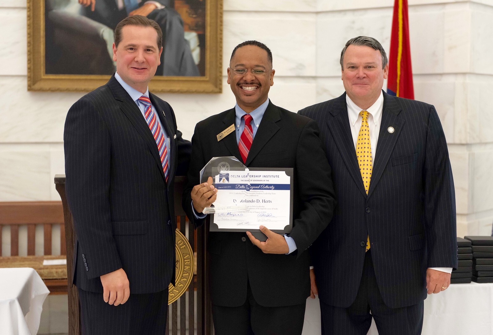 Dr. Rolando Herts, Director of The Delta Center at Delta State with DRA Federal Co-Chairman Chris Masingill (left) and Alternate Federal Co-Chairman Mike Marshall (right)
