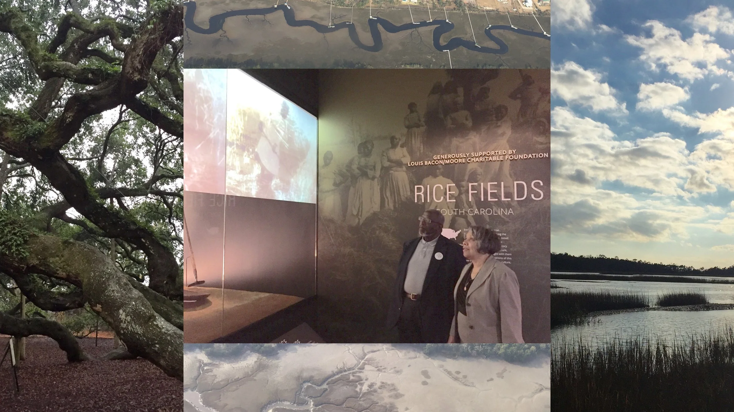 Dr. Emily Moore stands in awe of the Smithsonian NMAAHC’s South Carolina Rice Fields exhibit with her husband, Dr. Herman Blake, before visiting the Emmett Till Memorial exhibit. The two are framed by two iconic South Carolina Lowcountry landmarks: historic Angel Oak on John’s Island and a salt marsh at Mosquito Beach, a popular social destination for African Americans during the Jim Crow Era. Photo credit: Dr. Rolando Herts, Mississippi Delta National Heritage Area.