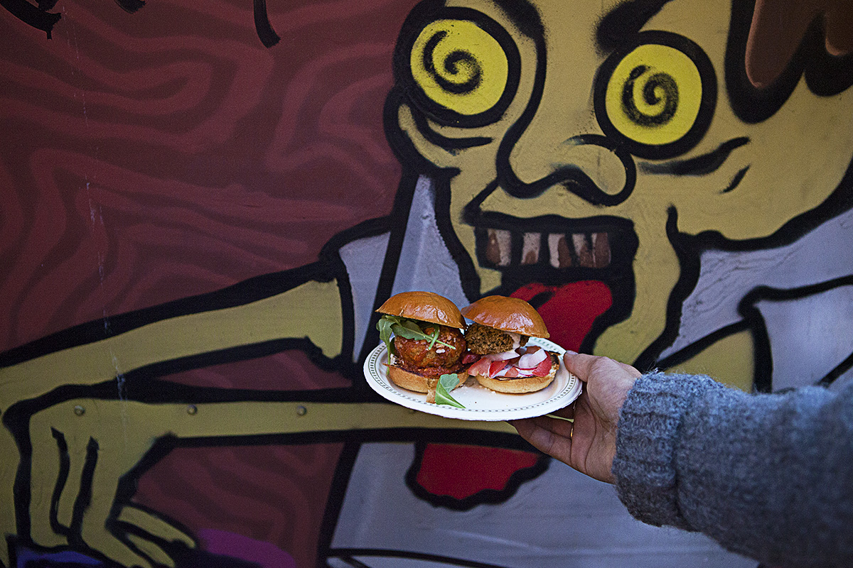 Meatball sliders and Falafel sliders on offer for the guests at Woodlot's first year anniversary party.