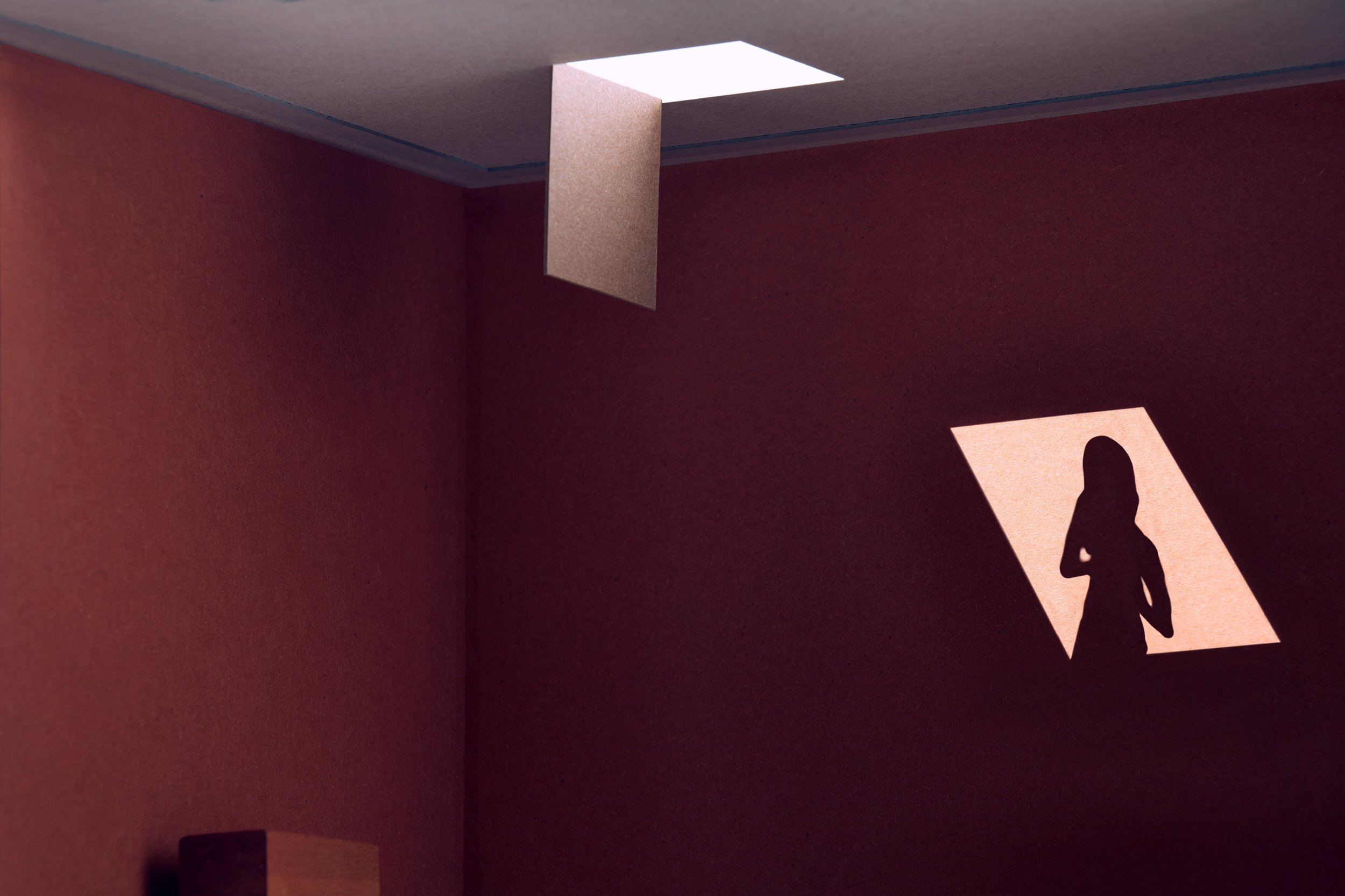 woman as a shadow, light coming in from the latch on the ceiling, All shot with beautiful recycled cardboard.