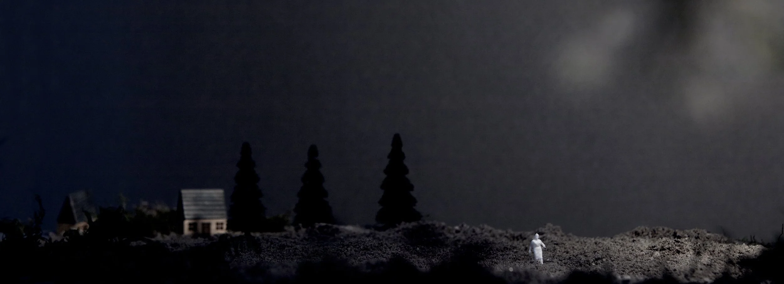 Dystopian almost other worldly scene, a female figurine is running towards the camera in the light. A wooden Russian house in the back giving it a sense of place