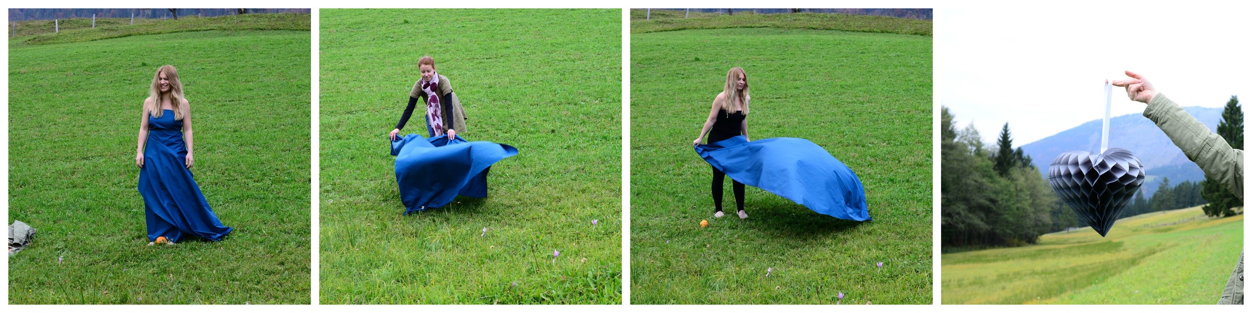 my model, looking a bit lost; me and her trying to create "the dress"; shooting the props.