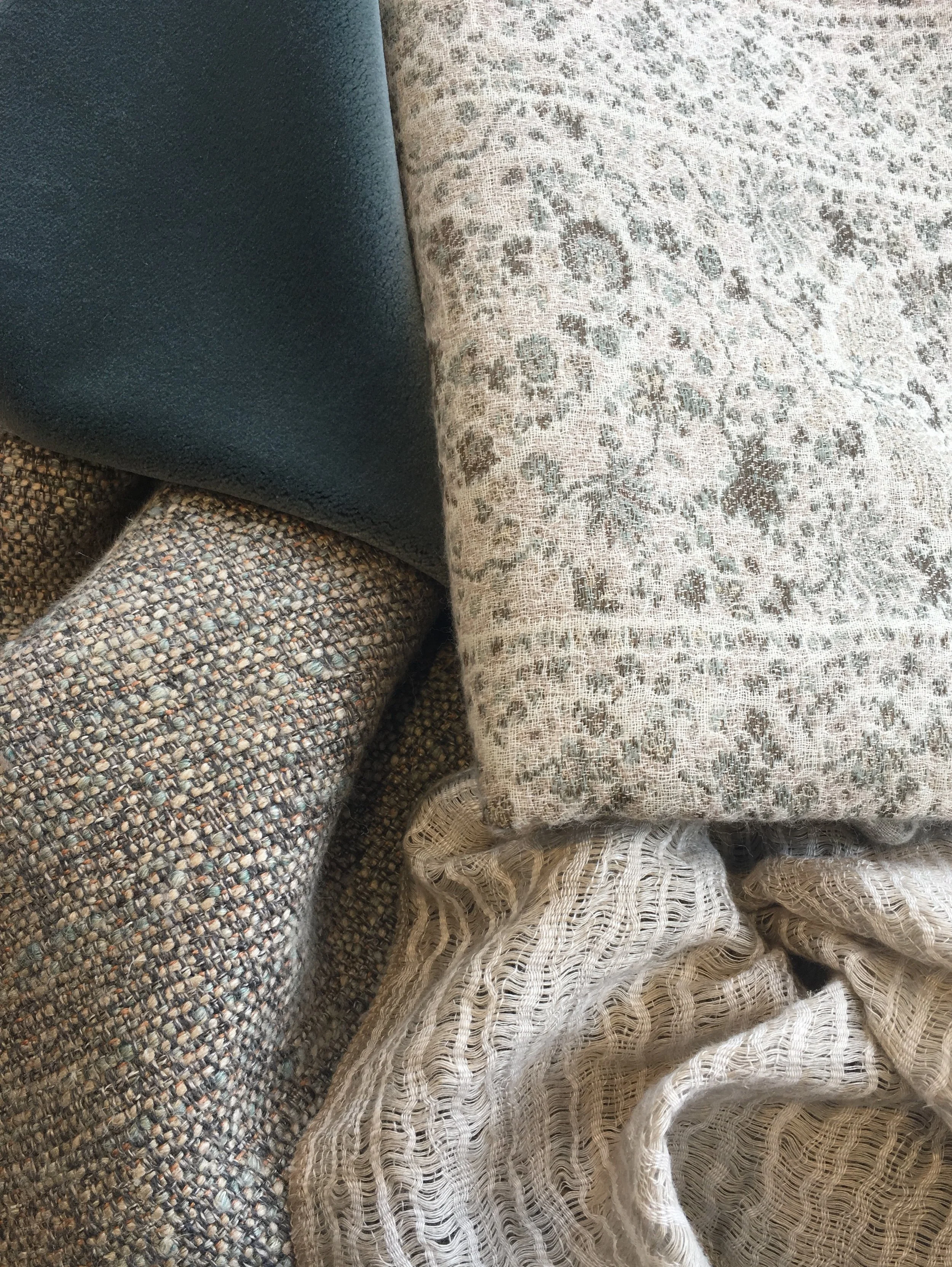 Clockwise from top: Vienna in Tango, Meadow in Twig, Mistral in Drizzle, Rogue in Chameleon by de Le Cuona.