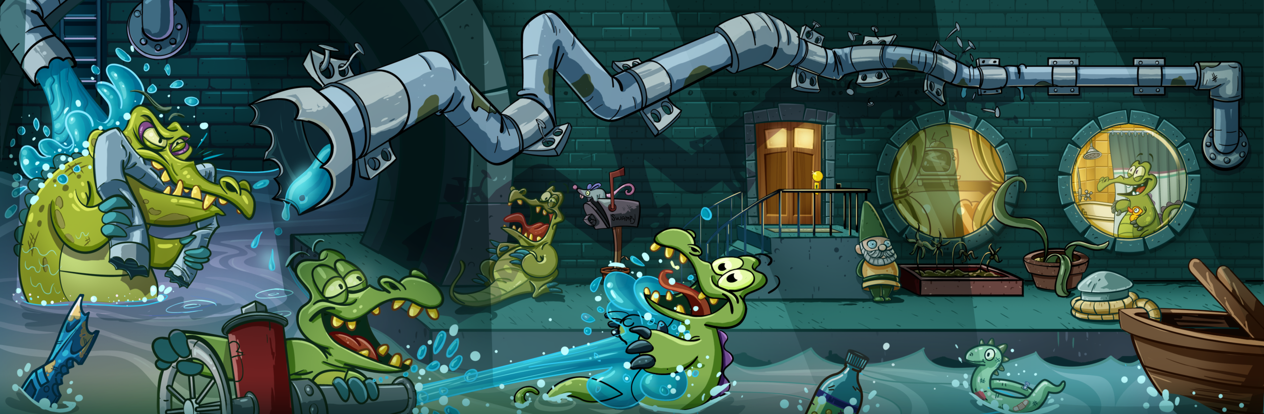  Swampy's story was told through illustrations that preceded each level. Their format was long and the game camera would pan over them. &nbsp;They had to be designed to have areas of focus that would read in the portrait orientation of a phone. 