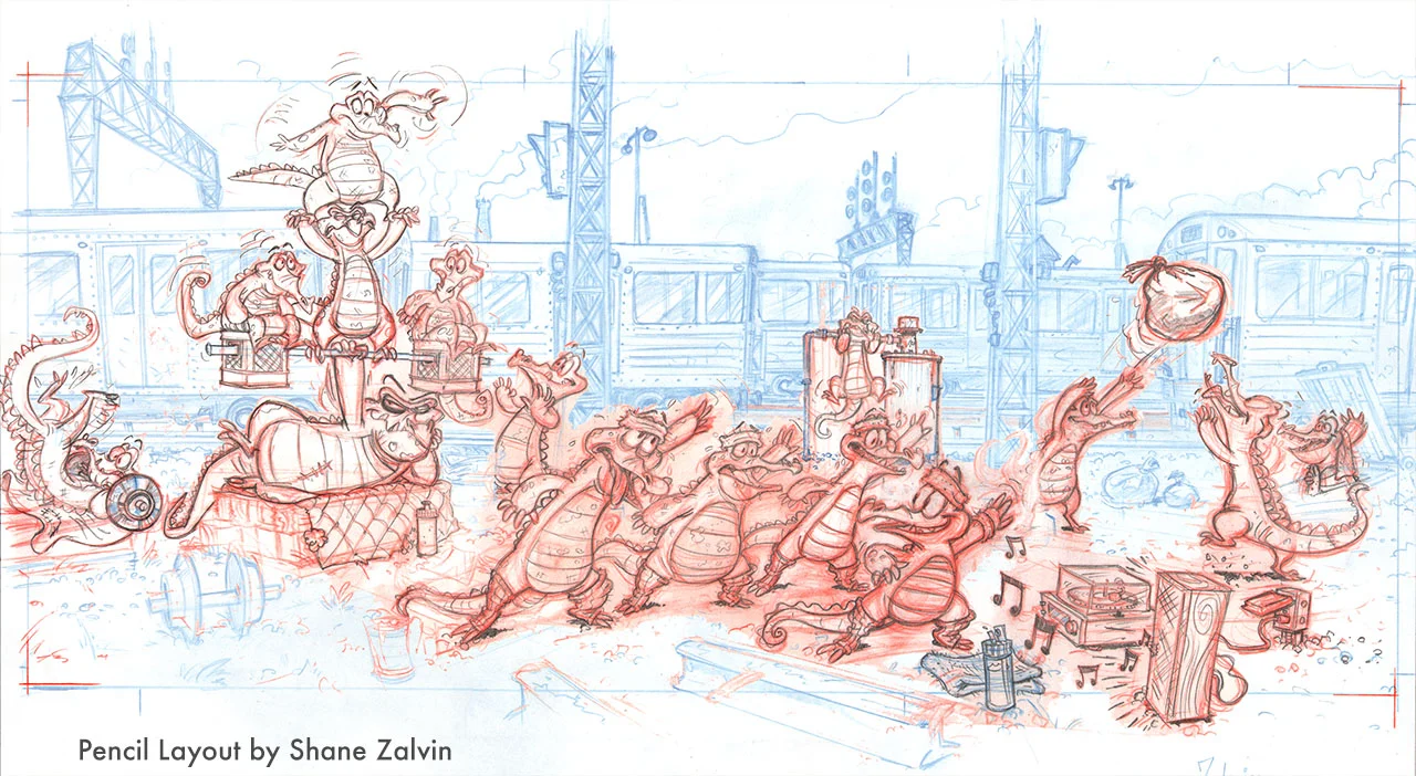   Swampy leads the alligator gang on many "human-like" adventures. &nbsp;   The process for creating a story moment would begin with a team brainstorm. &nbsp;Then the talented layout and storyboard artist Shane Zalvin would illustrate the scene. 