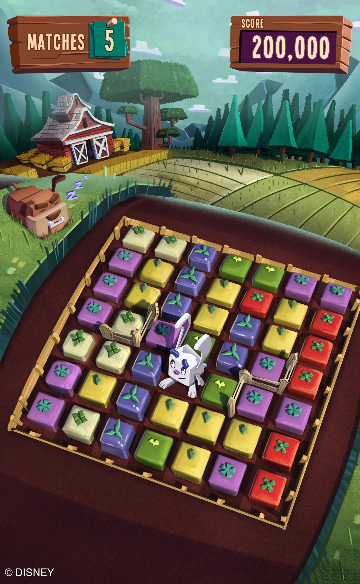 Gameplay Screen Concept We went through many rounds of concepts for what the game board could look like. This concept felt like it had the right blend of readability of the veggies as well as showing off the style of the world.