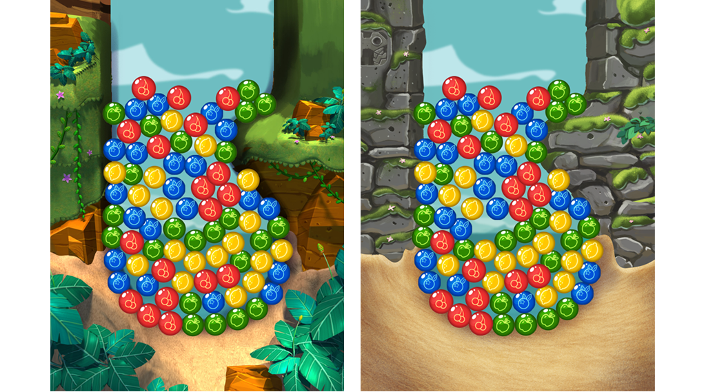  However that approach made the world feel a little off, so we then went for a more natural approach (  left ). &nbsp;That also didn't feel quite right either. &nbsp;We were trying to create an organic space in a composition that was specifically lai
