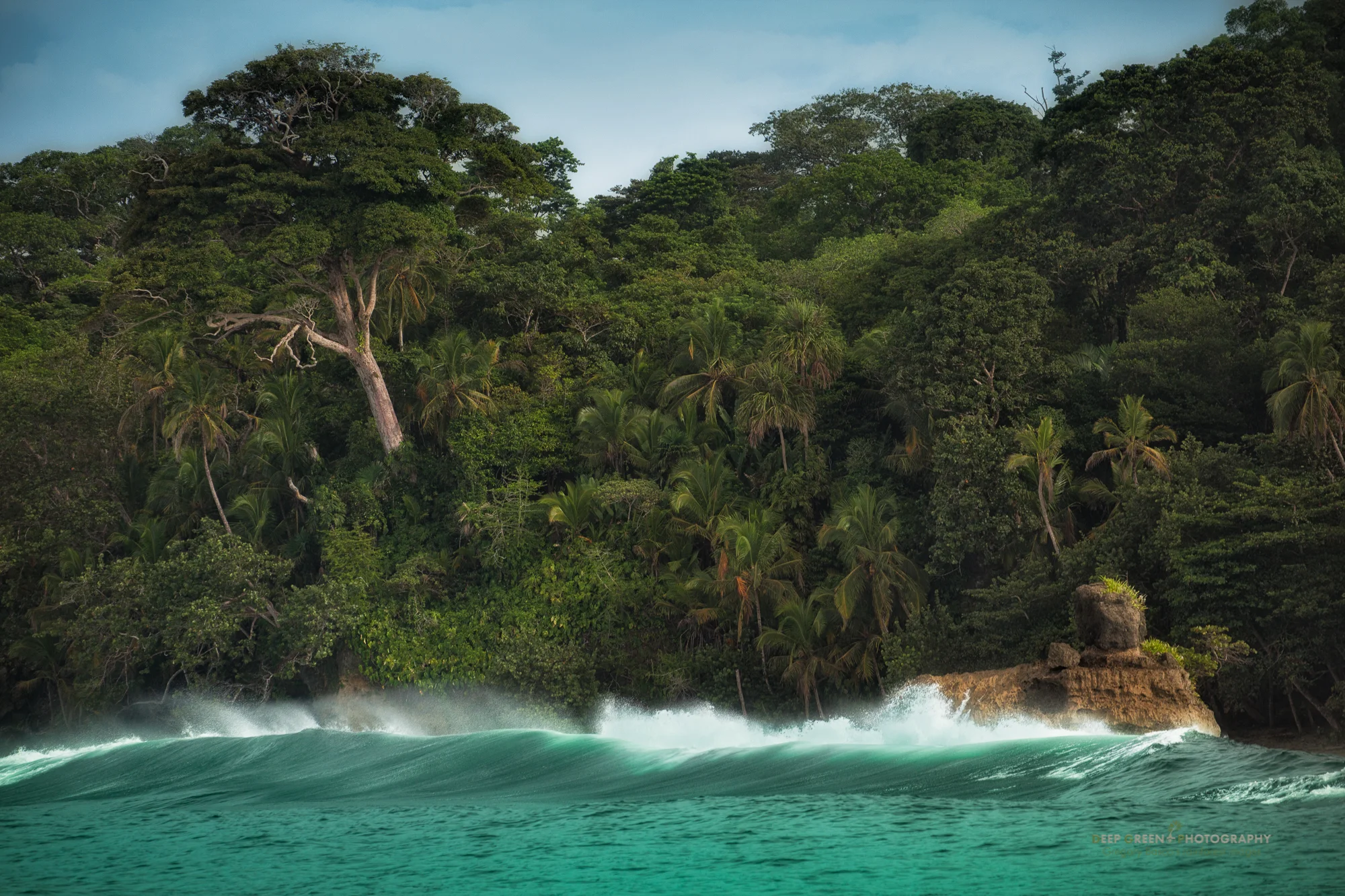 breaking waves against rainforested coast of the Gandoca-Manzanillo wildlife refuge, taken from a small fishing boat in the ocean