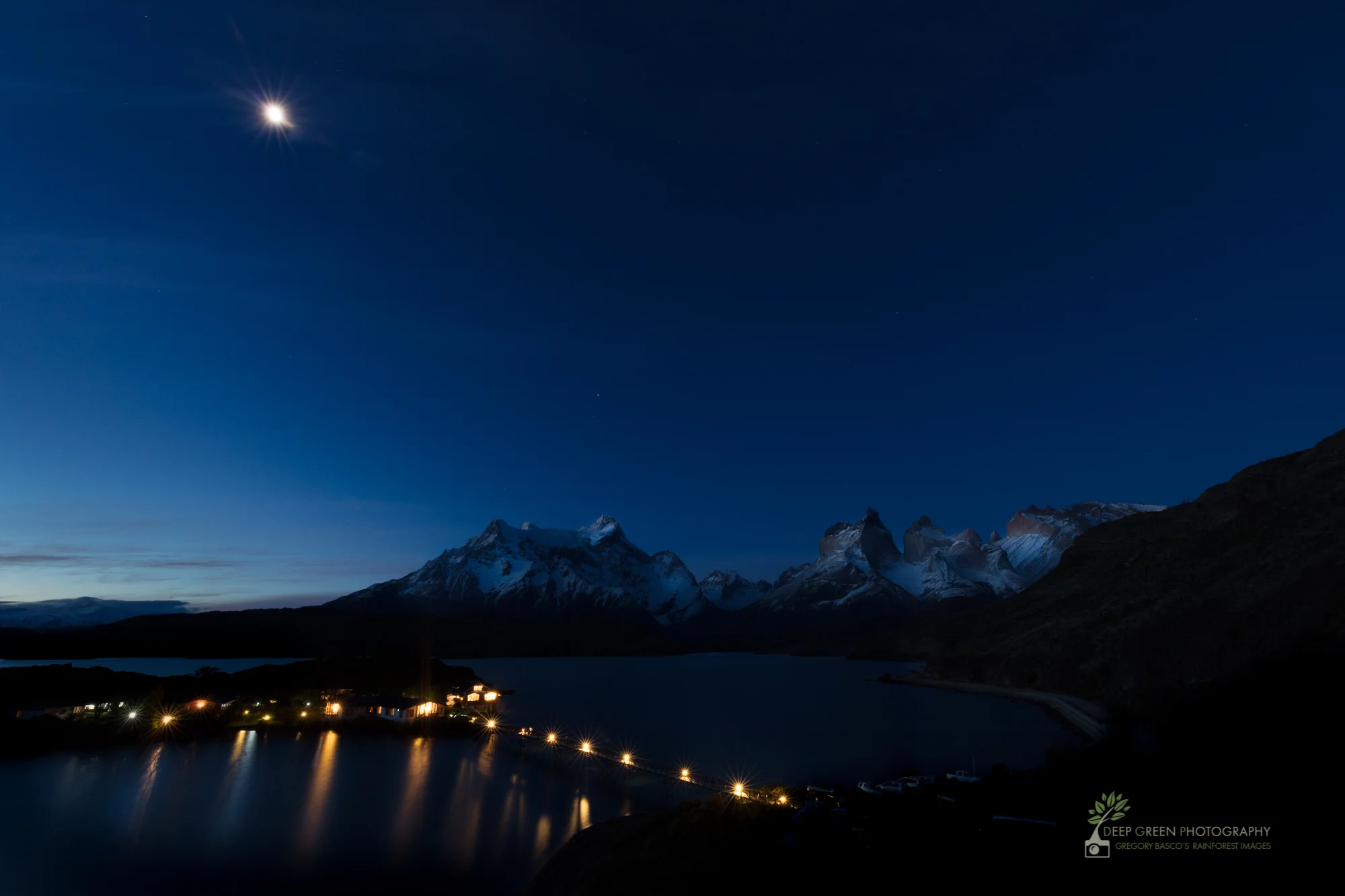 Moonlight over Lake Pehoe in Torres del Paine National Park, Chile