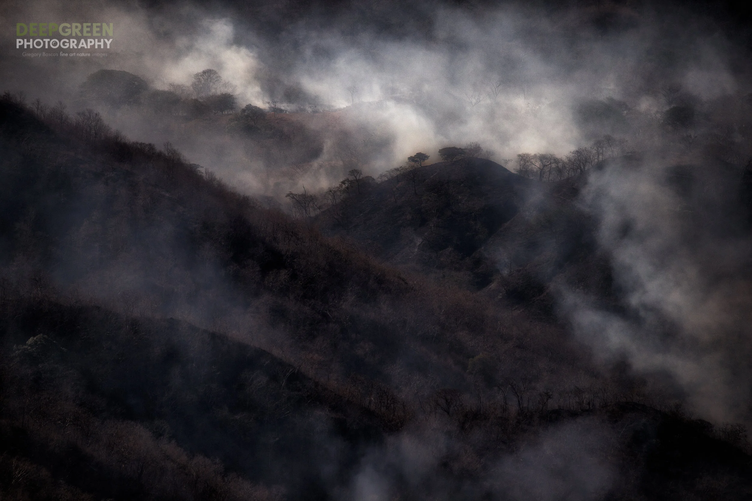 Forest fires smolder in the tropical dry forested hills in Costa Rica's Guanacaste province. Though forest fires occur naturally in tropical dry forests, most recent fires are caused by humans and further threaten one of Central America's most fragile habitats.
