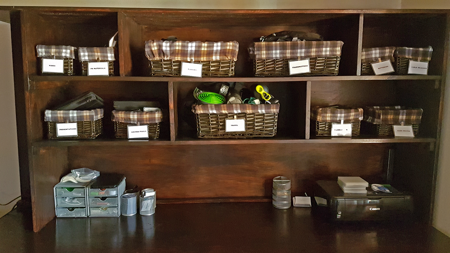 I have baskets for video, general travel, presentations, knives/tools, flashlights, etc. Again, it makes packing for a given shoot or trip a breeze.