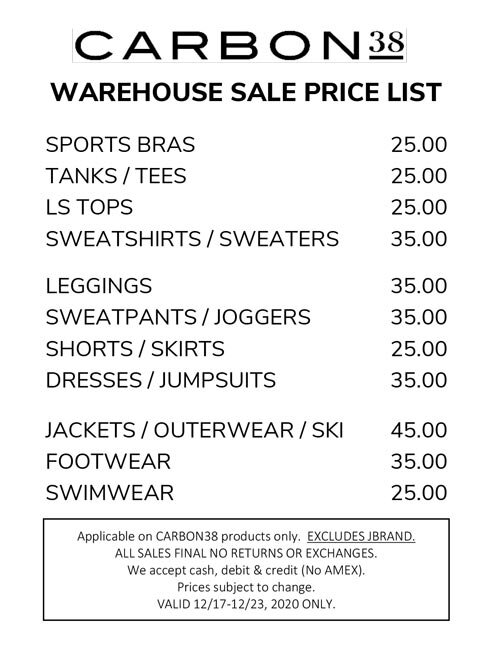 Carbon38 Warehouse Sale, December, 2020