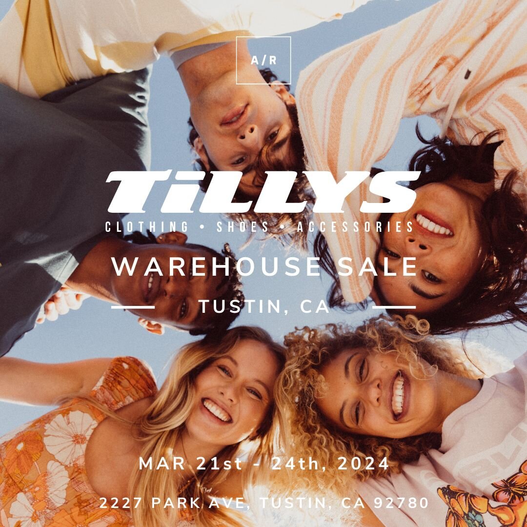 The Tillys Warehouse Sale is coming to Tustin, CA! Tillys is a leading specialty retailer of casual clothing, footwear, and accessories for men, women, and kids with an extensive assortment of iconic brands rooted in an active lifestyle.

WHEN: March
