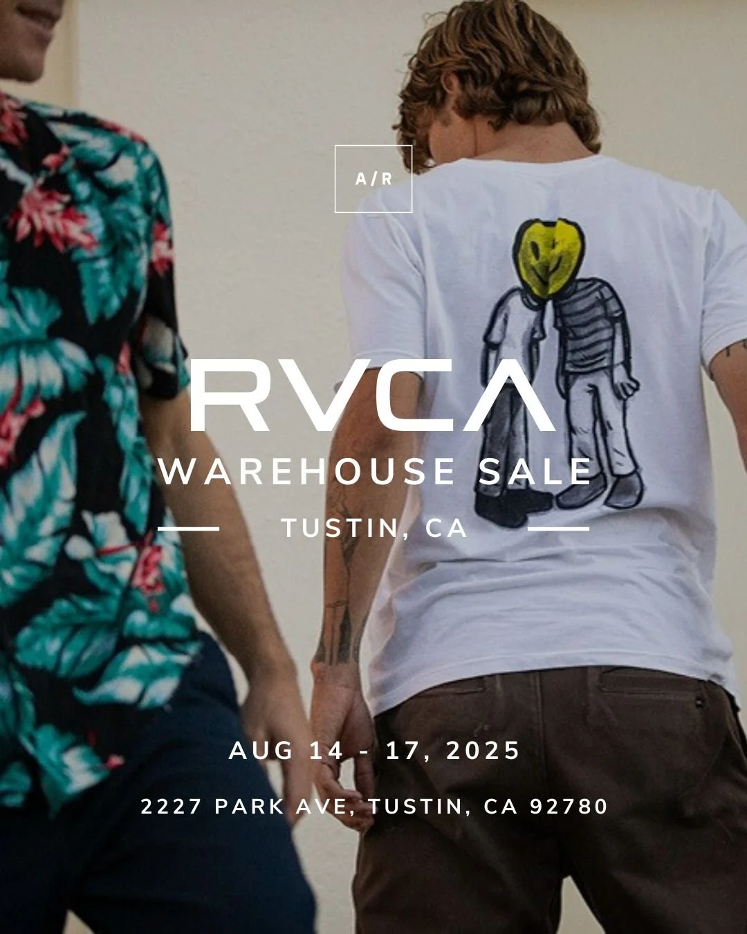 The RVCA Warehouse Sale is coming this week to Alternative Retail in Tustin, CA! Score up to 75% OFF on men's, women's, and kids' apparel &amp; accessories. Shop tees, tanks, button-ups, hoodies, boardshorts, walkshorts, jackets, fleece, dresses, hat