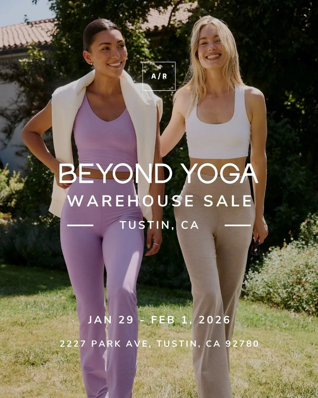 The Beyond Yoga Warehouse Sale is coming to Alternative Retail in Tustin, CA. All items 70% OFF MSRP on tag!

Shop Women&rsquo;s and Men&rsquo;s active, lounge, sets and more. Register now for FREE tickets.

EVENT DETAILS 🛍️
WHEN: January 29 - Febru