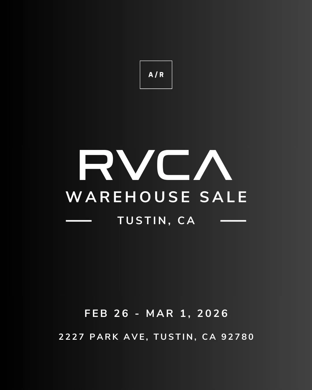 The RVCA Warehouse Sale starts this week at Alternative Retail in Tustin, CA!

Score up to 75% OFF on men's, women's, and kids' apparel &amp; accessories. Shop tees, tanks, button-ups, hoodies, boardshorts, walkshorts, jackets, fleece, dresses, hats,