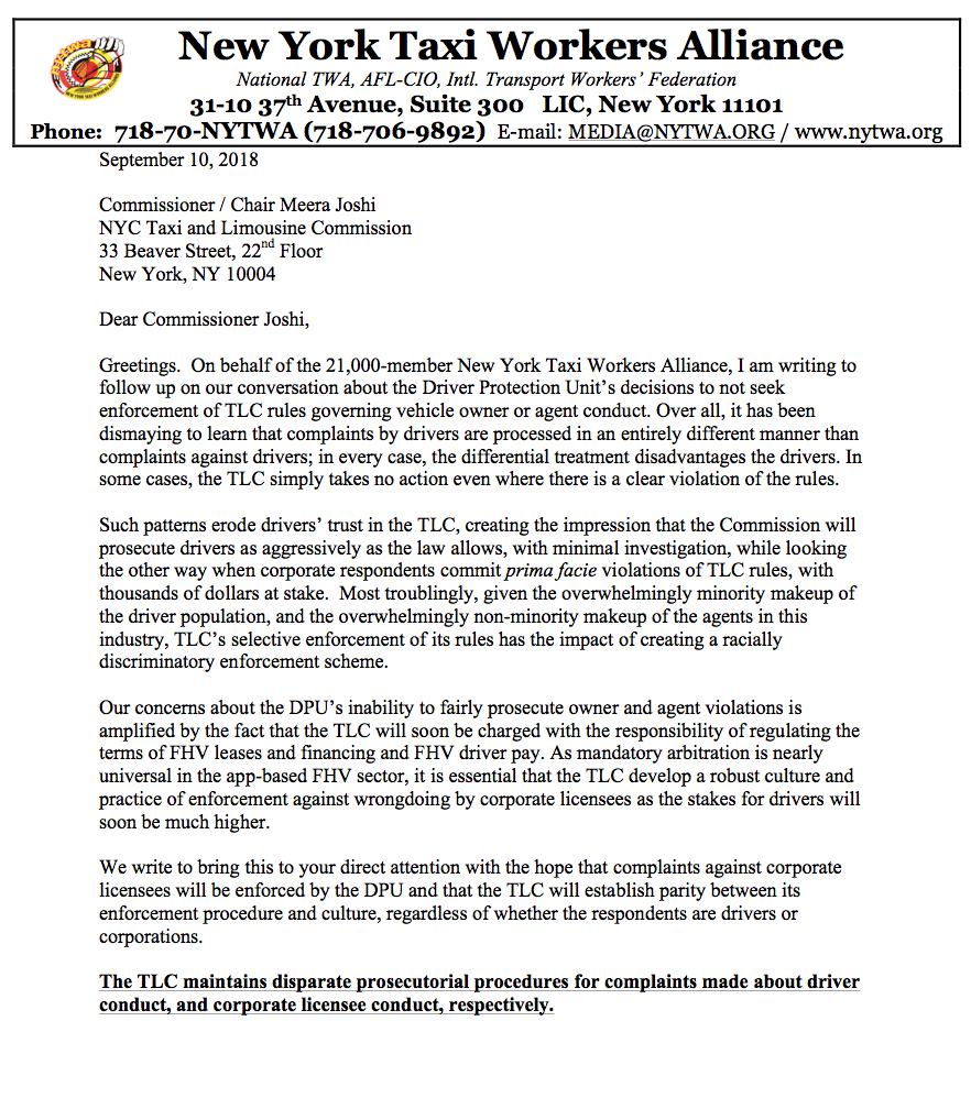 NYTWA's Letter on the TLC’s Driver Protection Unit