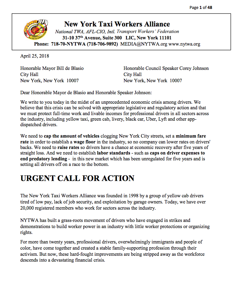 NYTWA Policy Platform &amp; Rulemaking Petition to the TLC to Protect Full-Time Jobs