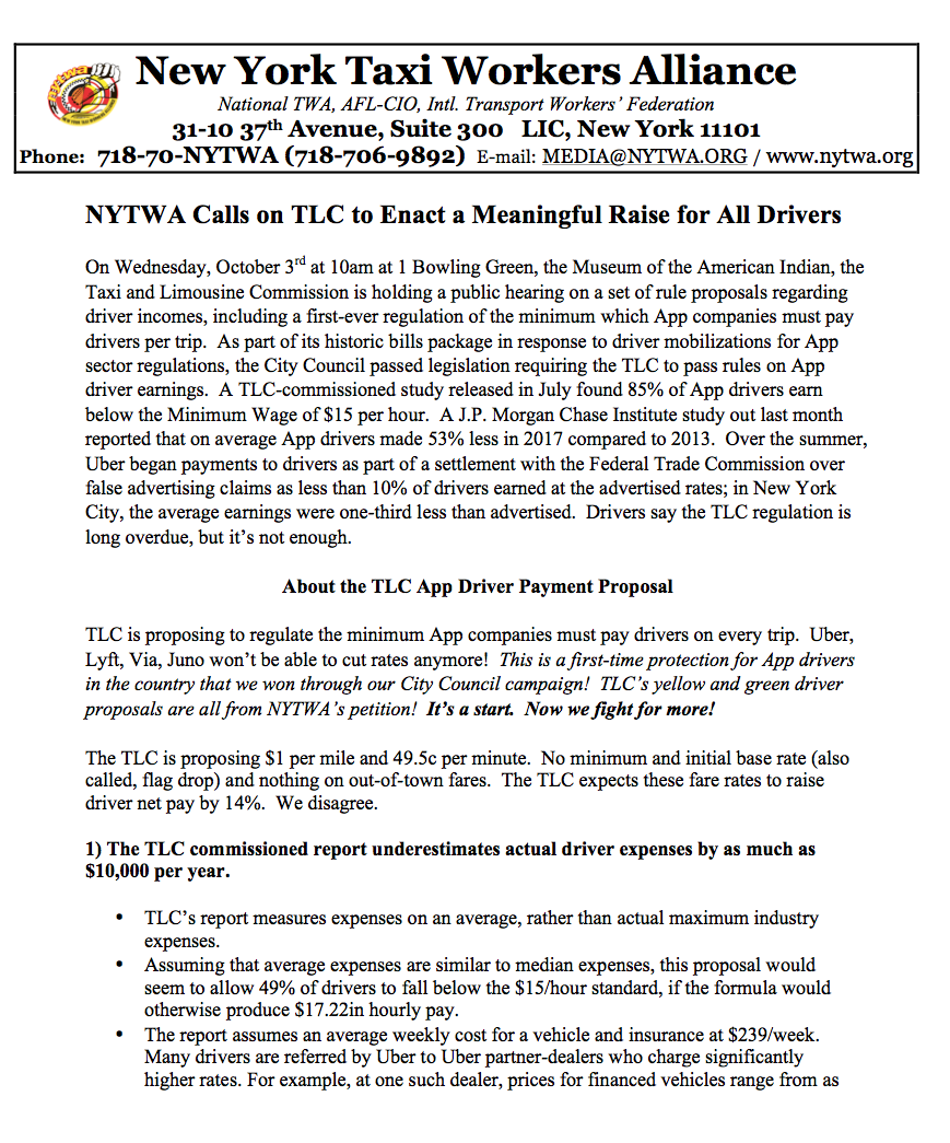 NYTWA Calls on TLC to Enact a Meaningful Raise for All Drivers