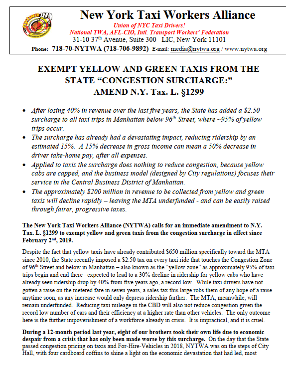 NYTWA Memo on Exemption for Yellow + Green Cabs from Congestion Pricing