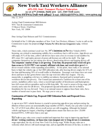 NYTWA Comment to TLC on Proposed Rulemaking on Vehicle Cap