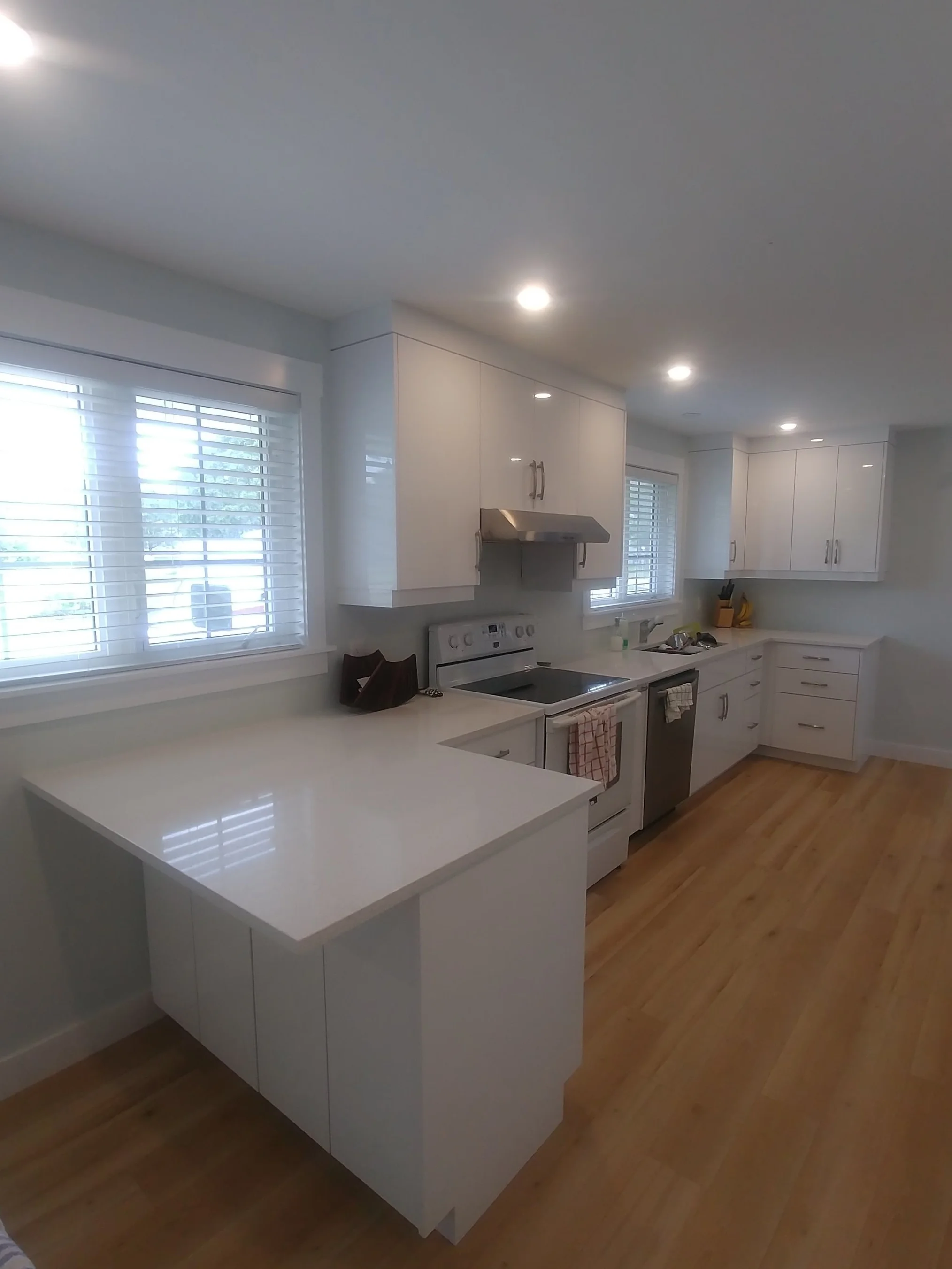 High gloss white panel doors and Blanco Maple quartz counter-top