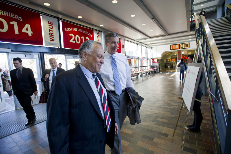  SED Dean Coleman meets United States Secretary of Education Arne Duncan at the GSU and escorts him to the GSU Conference Auditorium where Duncan was to speak at a Massachusetts Department of Education meeting February 6, 2012.  Photo by Cydney Scott