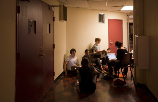  Freshman in Judith Chaffee's Movement 1 class at CFA study for their final in the hall outside her studio Monday April 9, 2012. The students were waiting to dance for Chaffee and then had a written exam afterwards.    