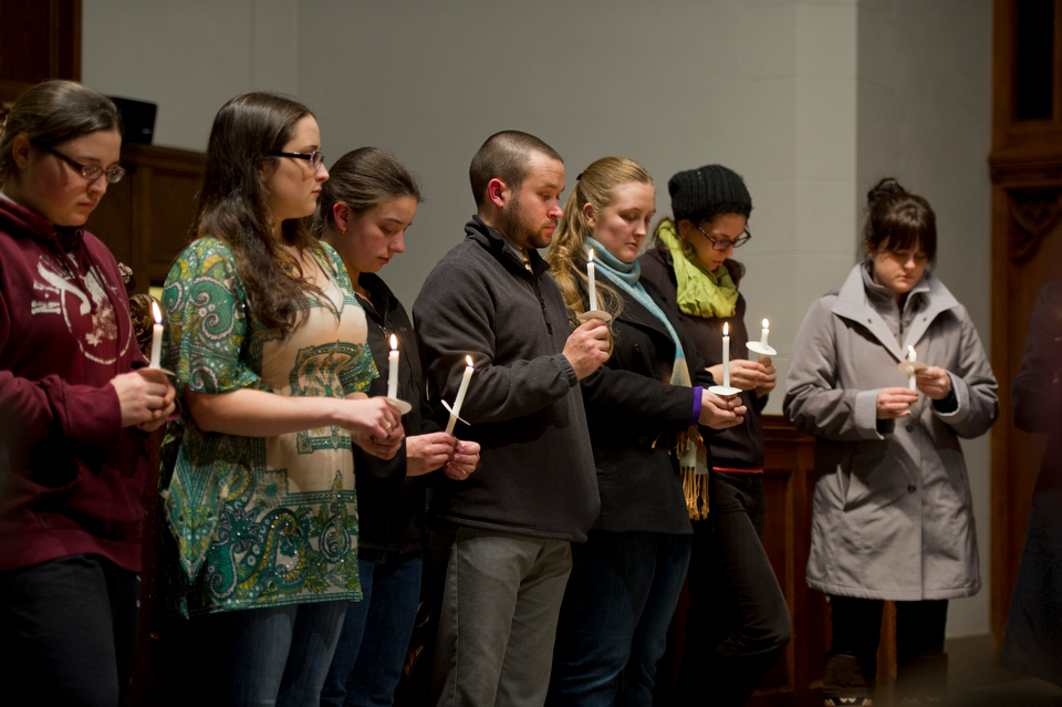  Twenty eight people, including Janjay Innis (3rd year STH), in yellow, and Rev. Dr. Robin Olsen, (to right of Innis), joined together for solace and remembrance December 17, 2012 at Marsh Chapel. Innis organized the vigil to help herself and others 