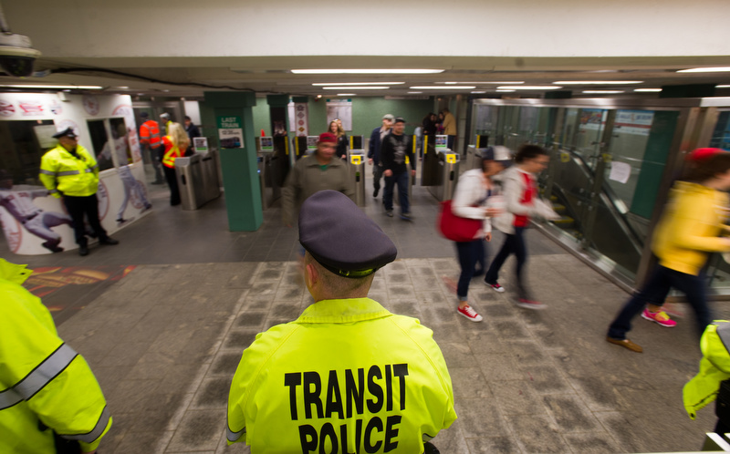  A heavy presence of transit police in the Kenmore Square T stop April 20, 2013. 