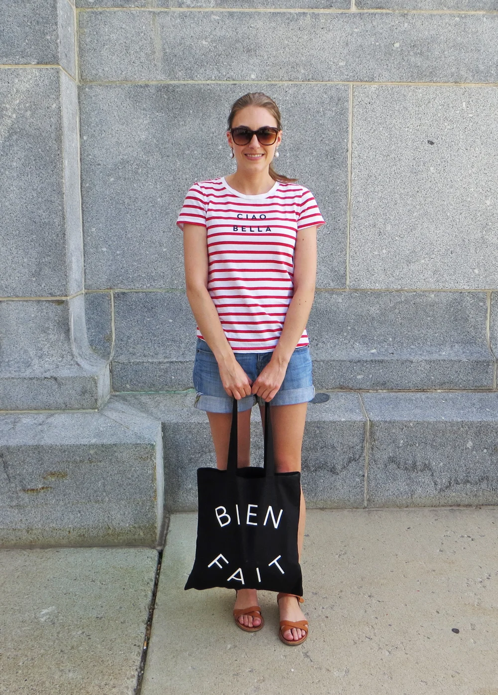 Red striped tee, light wash denim shorts, tan sandals, Madewell tote -- Cotton Cashmere Cat Hair