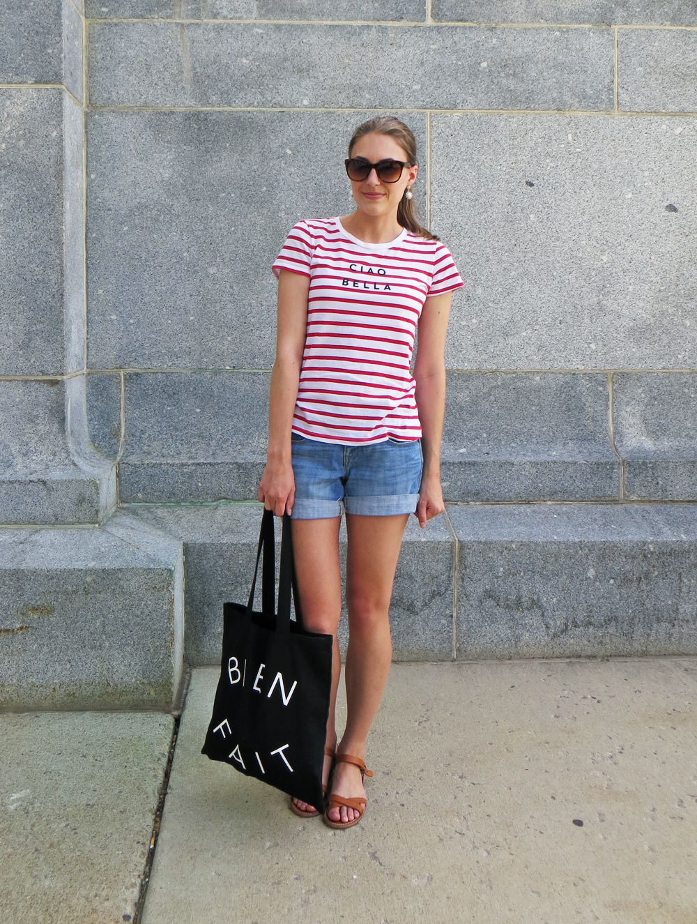 Red striped tee, light wash denim shorts, tan sandals, Madewell tote -- Cotton Cashmere Cat Hair