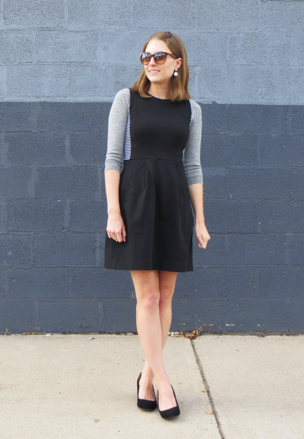 black dress with grey cardigan