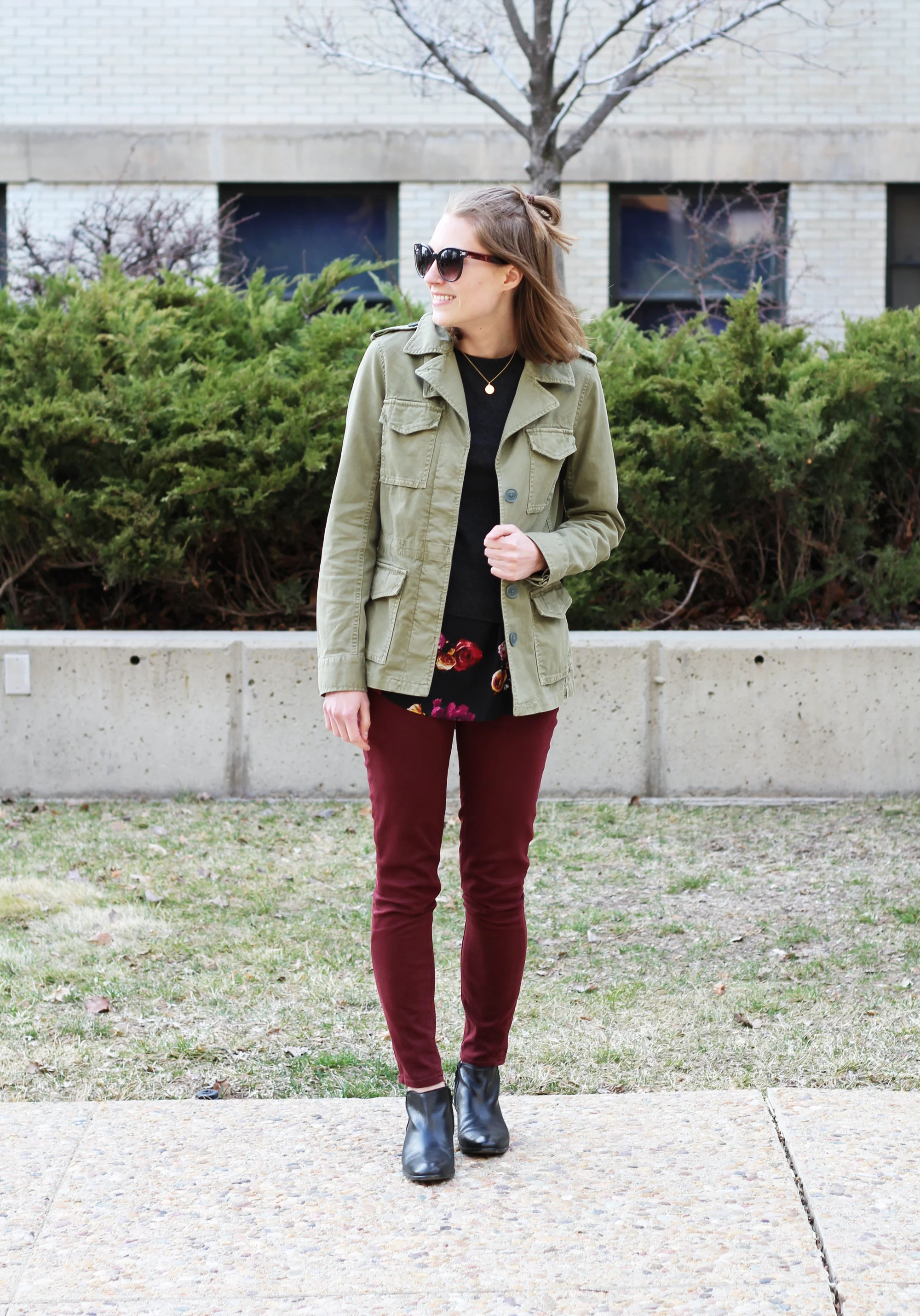 Army green jacket, layered sweater, burgundy pants, black ankle boots -- Cotton Cashmere Cat Hair