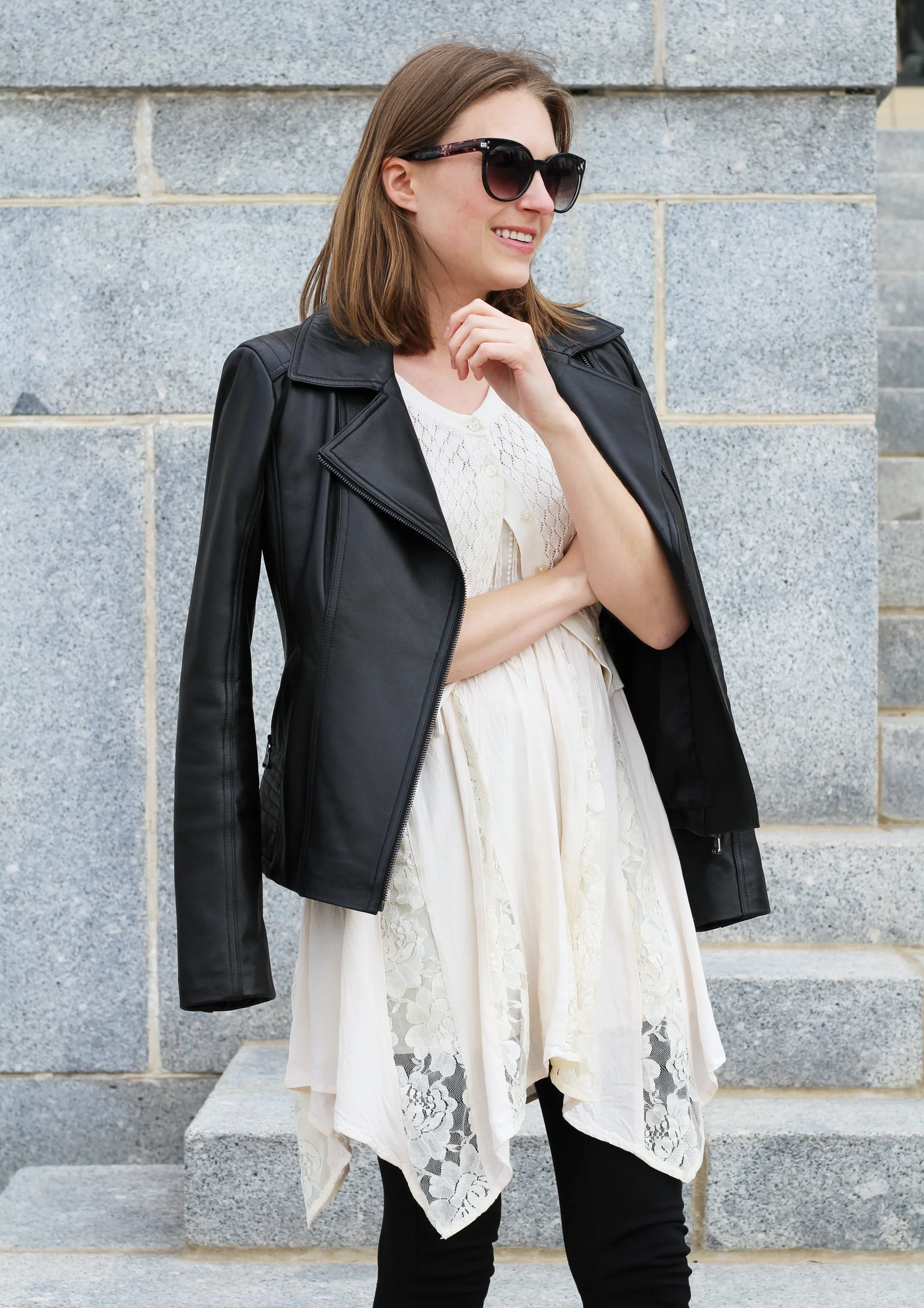 Spring outfit: Leather jacket layered over lace dress — Cotton Cashmere Cat Hair