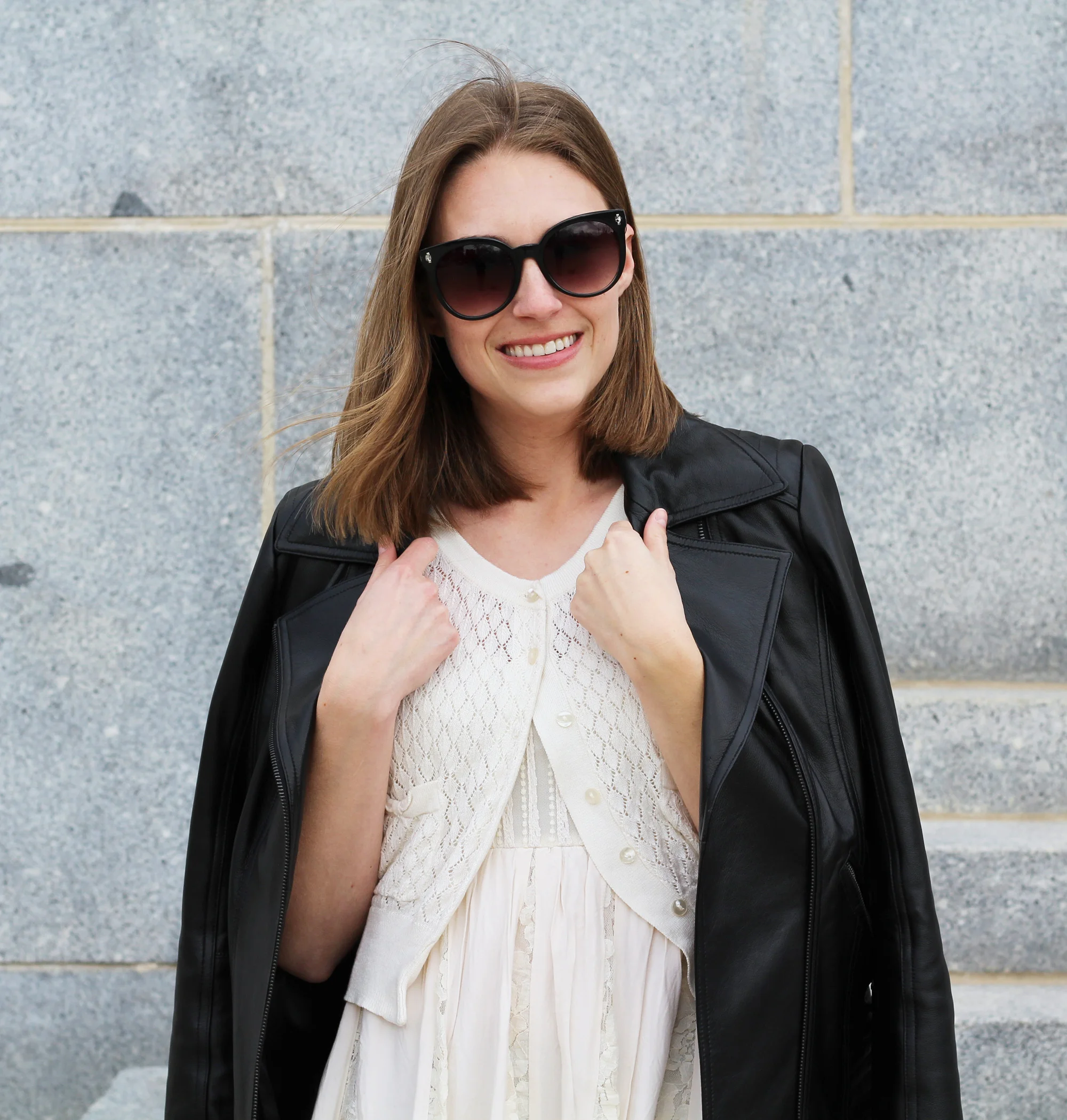 Leather jacket + cropped cardigan + lace dress — Cotton Cashmere Cat Hair