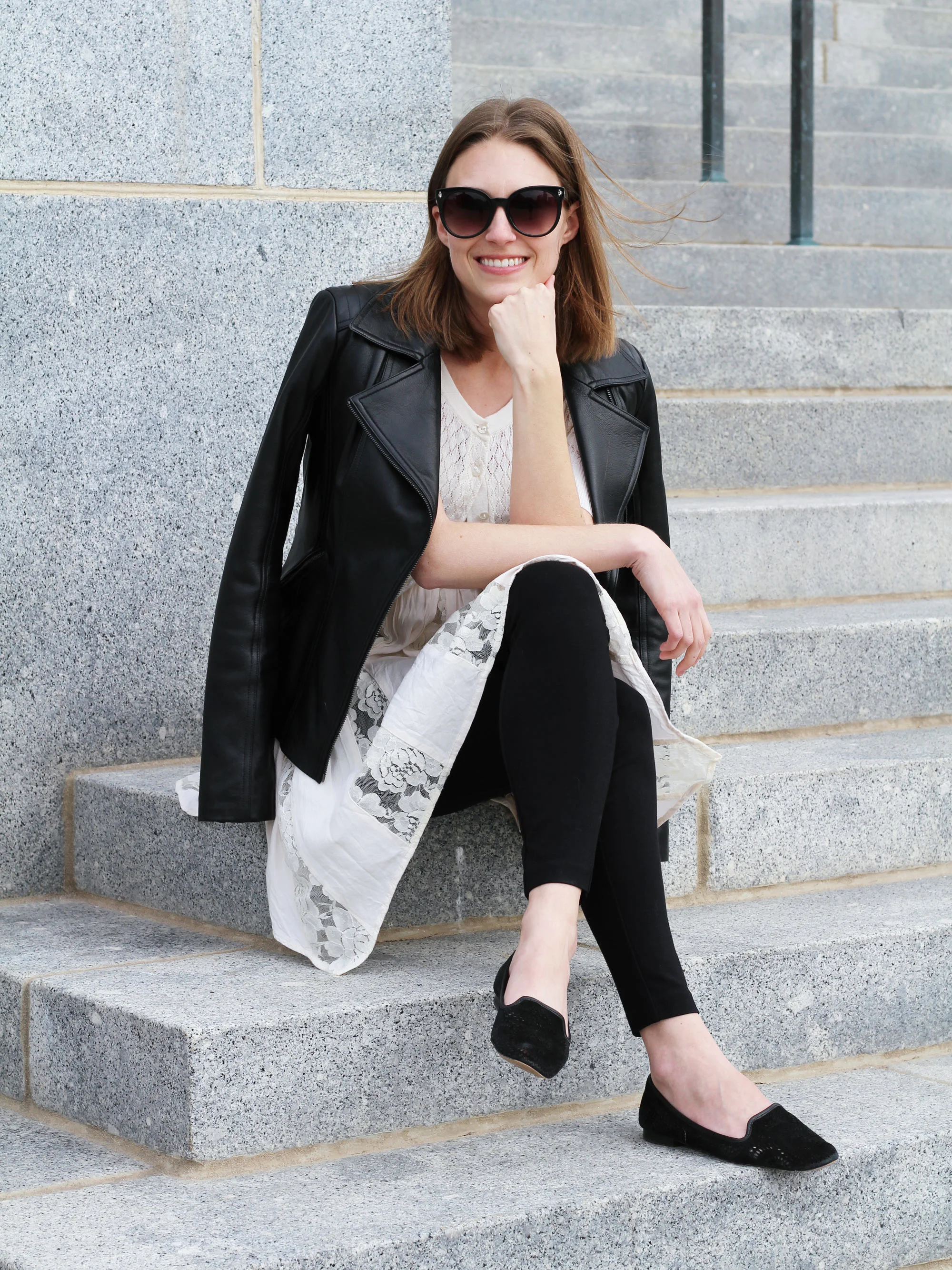 Leather jacket + dress over pants + black loafers — Cotton Cashmere Cat Hair