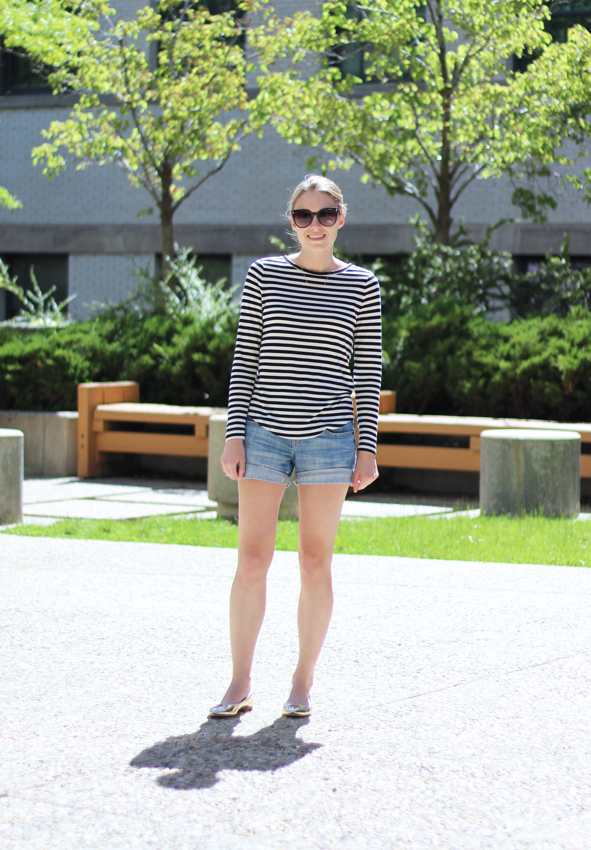 Spring grad school outfit idea with stripes and denim shorts | Cotton Cashmere Cat Hair